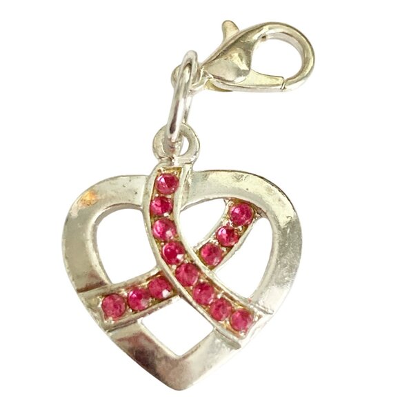 Pink Ribbon European Slider Clip On Charm For Bracelet Bag Purse Crystal Heart - Picture 3 of 11